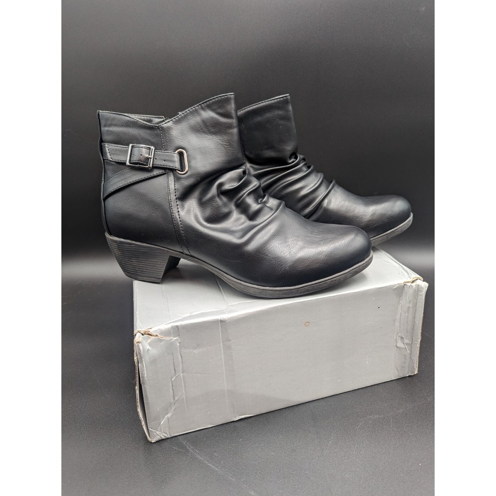 NIB CATHERINES WOMEN'S ANKLE BOOT, SIZE 12 W Black with Buckle ManMade Materials